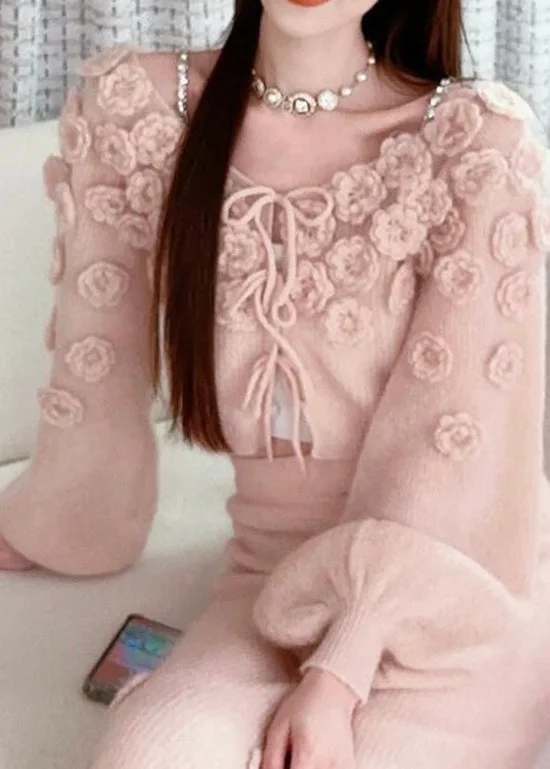 Beautiful Pink Floral Lace Up Knit Sweaters Fall