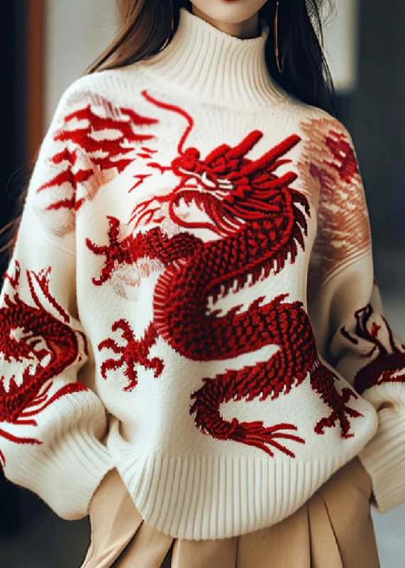 Chinese Style White Embroidered Thick Knit Sweaters Fall