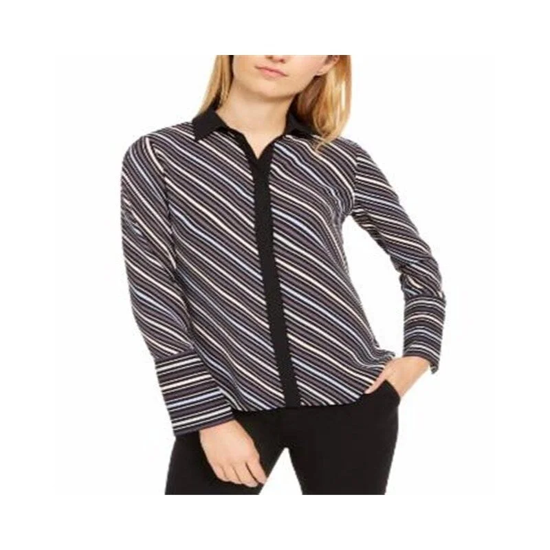 Anne Klein Women's Striped Long Sleeve Collared Top Black Size XX-Small