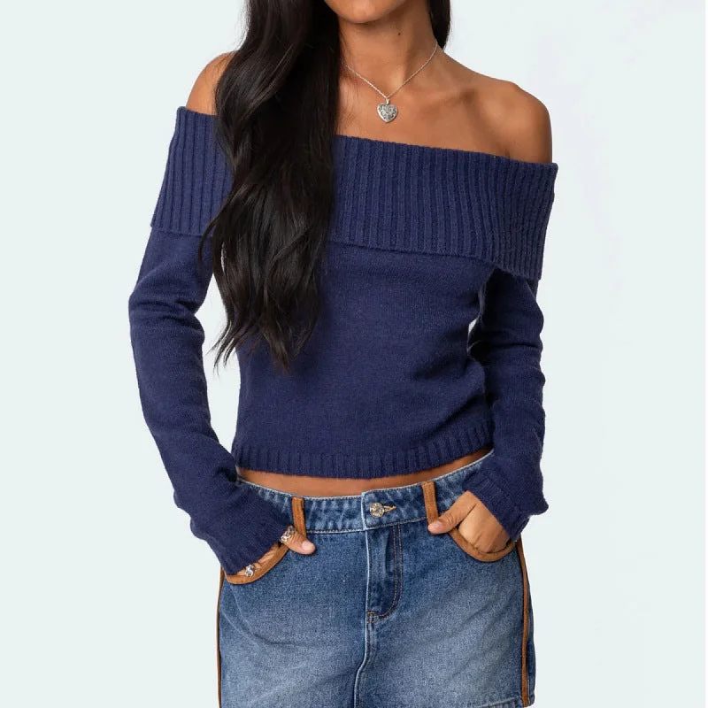 Women's Solid Colour Bardot Off Shoulder Long Sleeve Knit Jumper