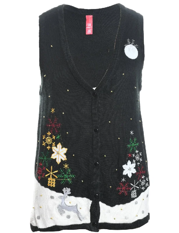 Black Reindeer Design Knit Vest - S