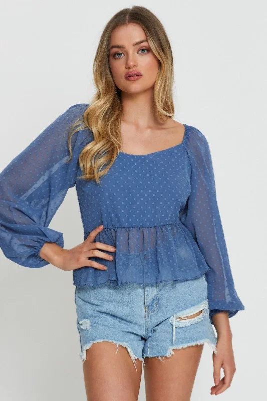 Blue Peplum Top Long Sleeve