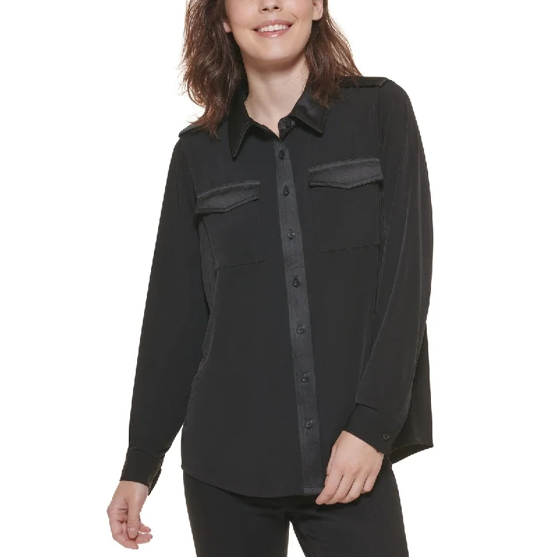 Calvin Klein Women's Button Front Long Sleeve Blouse Black Size Large