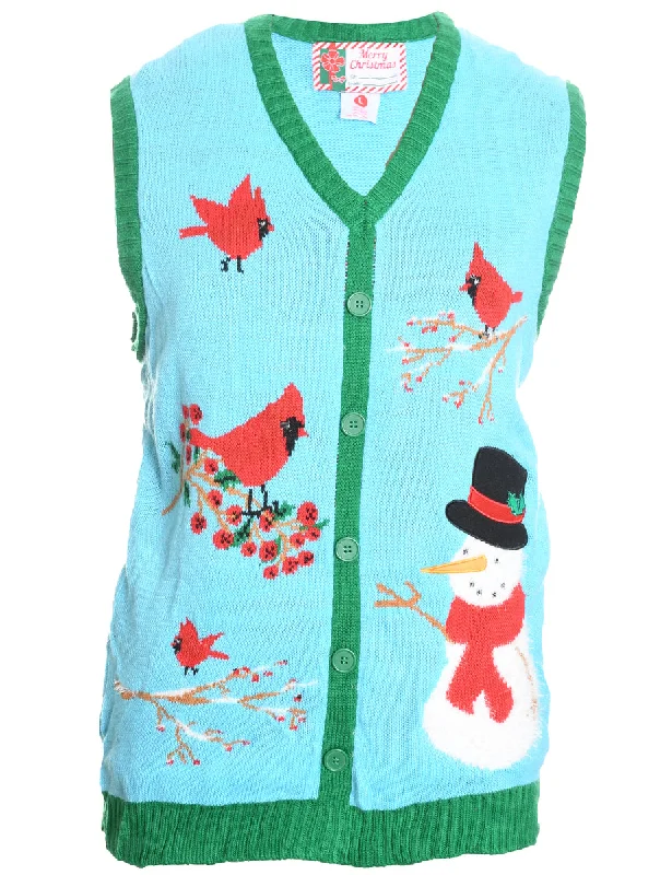 Christmas Bird Design Light Blue & Green Christmas Vest - L