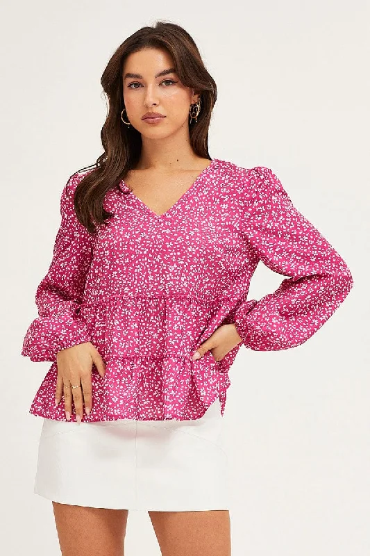 Ditsy Print Ruffle Top Long Sleeve