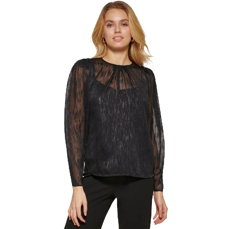 Dkny Women's Metallic Long Sleeve Blouse Black Size Small