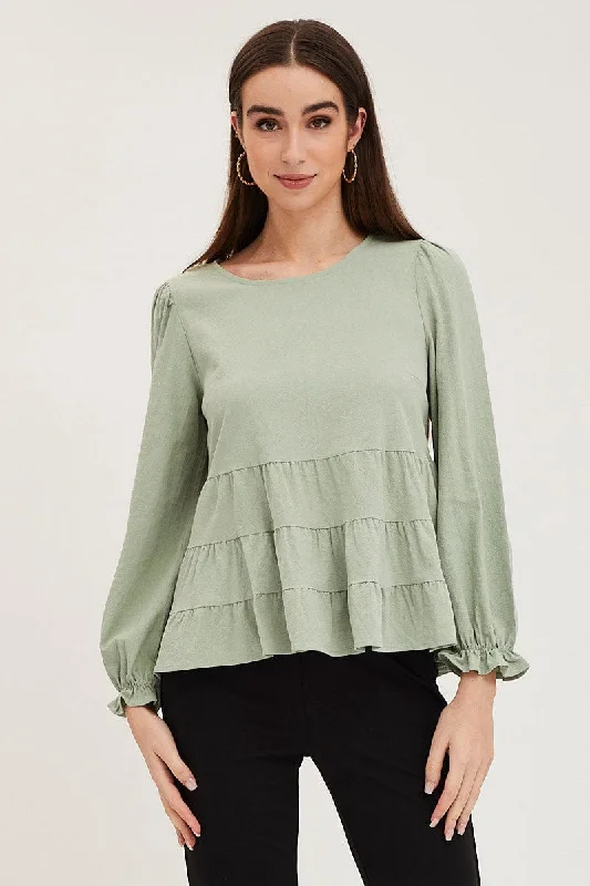 Green Smock Top Long Sleeve