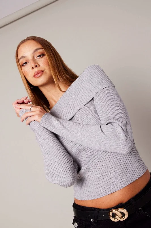 Grey Knit Top Long Sleeve Off Shoulder