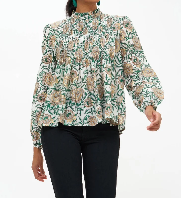 Long Sleeve Pintuck Blouse In Green Hedera