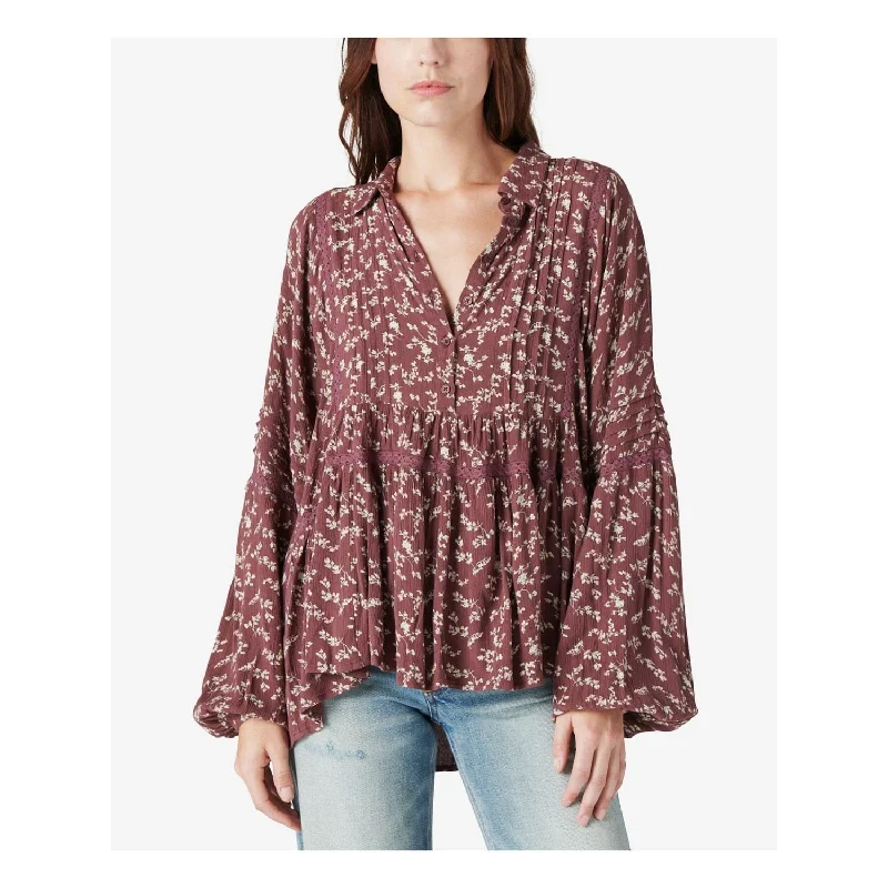 Lucky Brand Women's Floral Long Sleeve Blouse Brown Size Medium