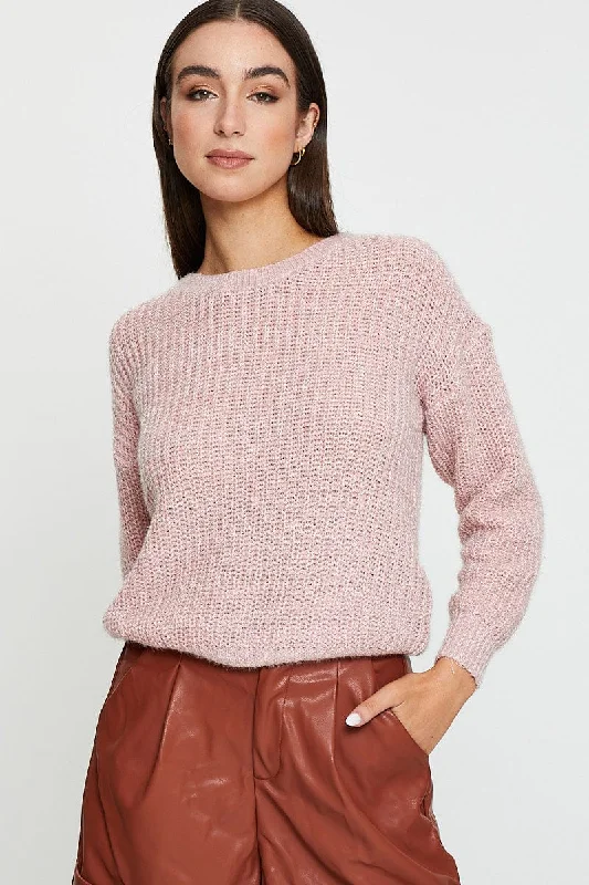 Pink Knit Top Long Sleeve Round Neck