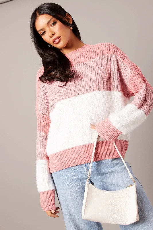 Pink Stripe Knit Top Long Sleeve Color Block