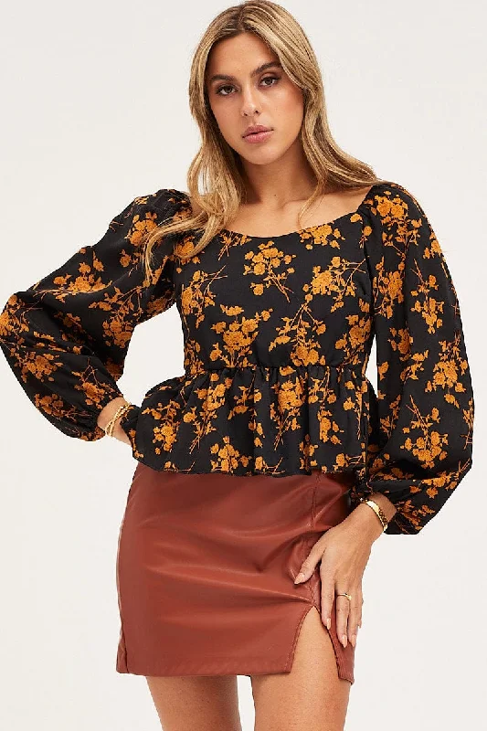 Print Peplum Top Long Sleeve