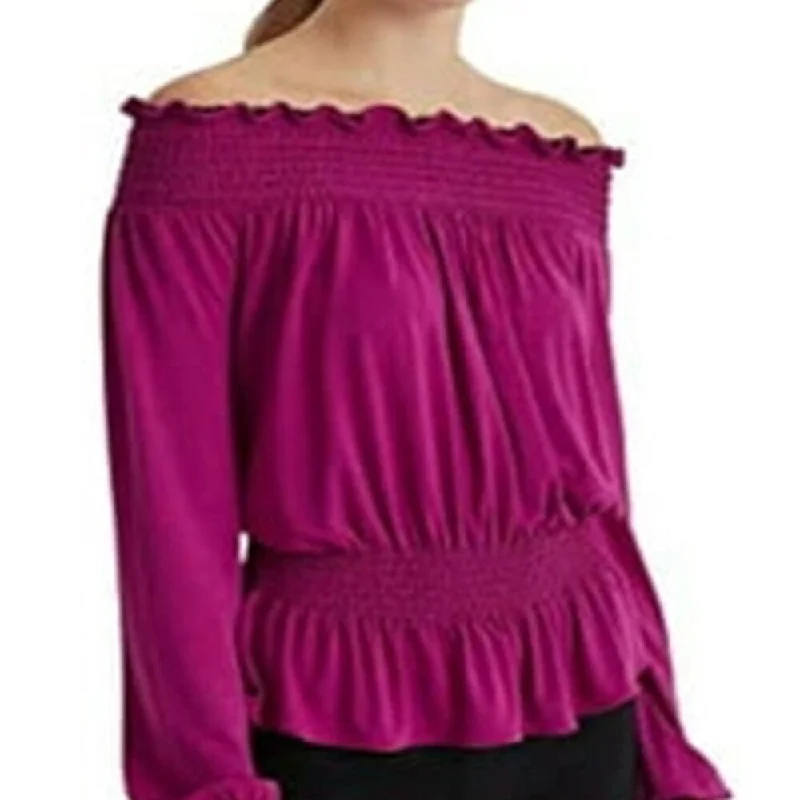 Ralph Lauren Women's Smocked Pleated Long Sleeve Off Shoulder Party Top Purple Size Xx-Large