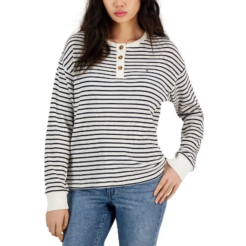 Tommy Hilfiger Women's Long Sleeve Striped Boxy Henley Top White Size X-Small