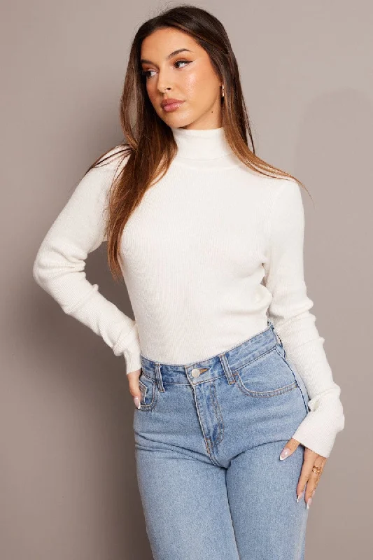 White Knit Top Long Sleeve High Neck