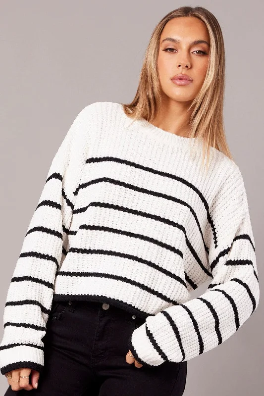 White Stripe Knit Top Long Sleeve Chenille