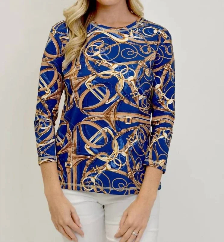 3/4 Sleeve Equestrian Print Shirt In Navy