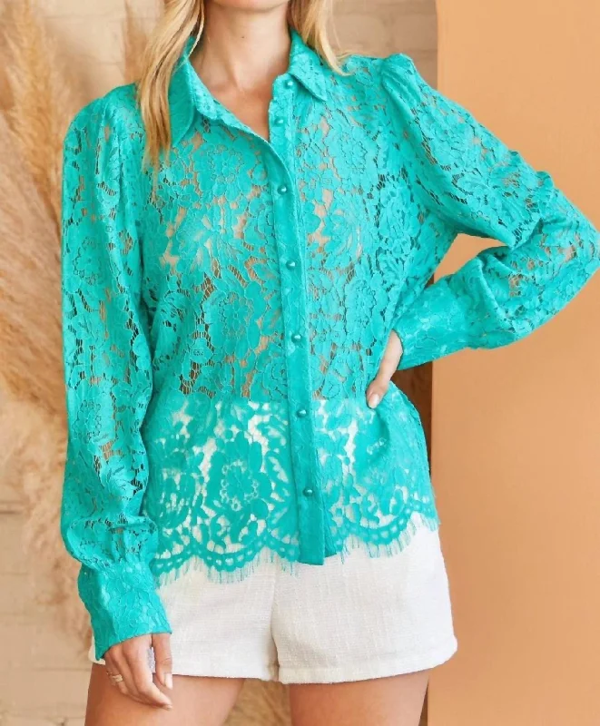 Andree By Unit Crochet Lace Button Down Shirt In Emerald