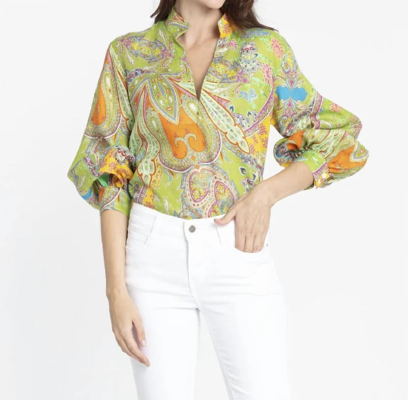 Billie Long Sleeve Linen Print Shirt In Multi Paisley