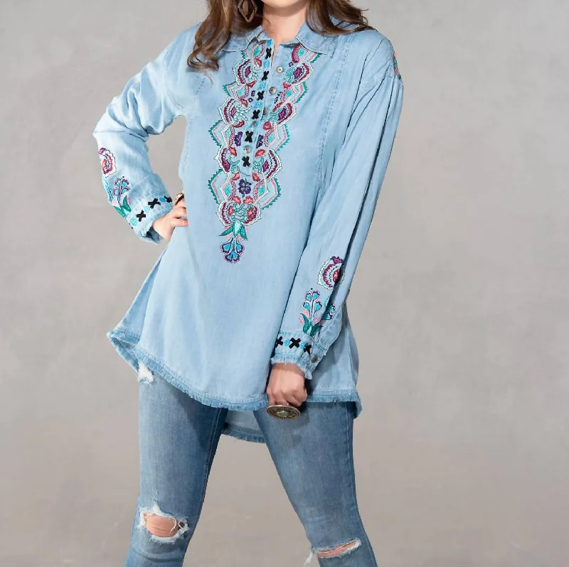 Charlie Floral Embroidered Tencel Shirt In Denim