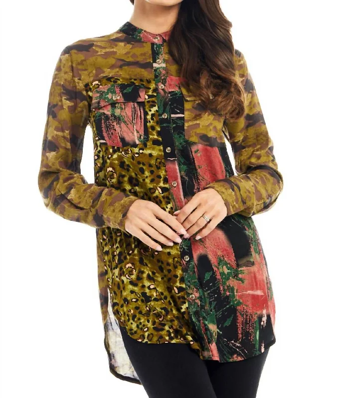 Faux Leopard Button Front Shirt In Camouflage