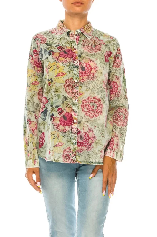 Floral Printed Button-Down Shirt In Basil