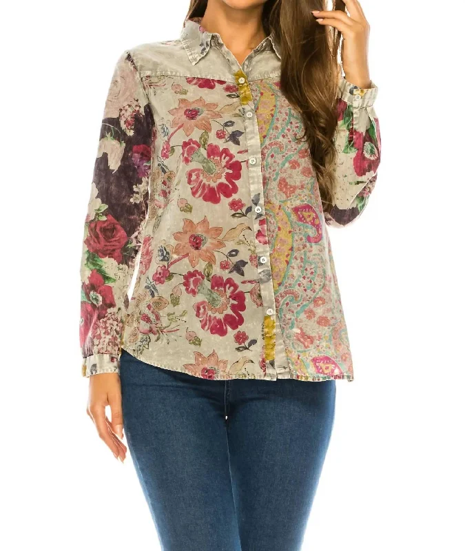 Floral Printed Patchwork Shirt In Ash Gray