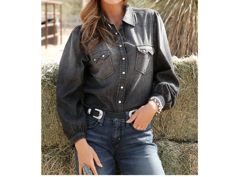 Long Sleeve Western Snap Shirt In Black Chambray