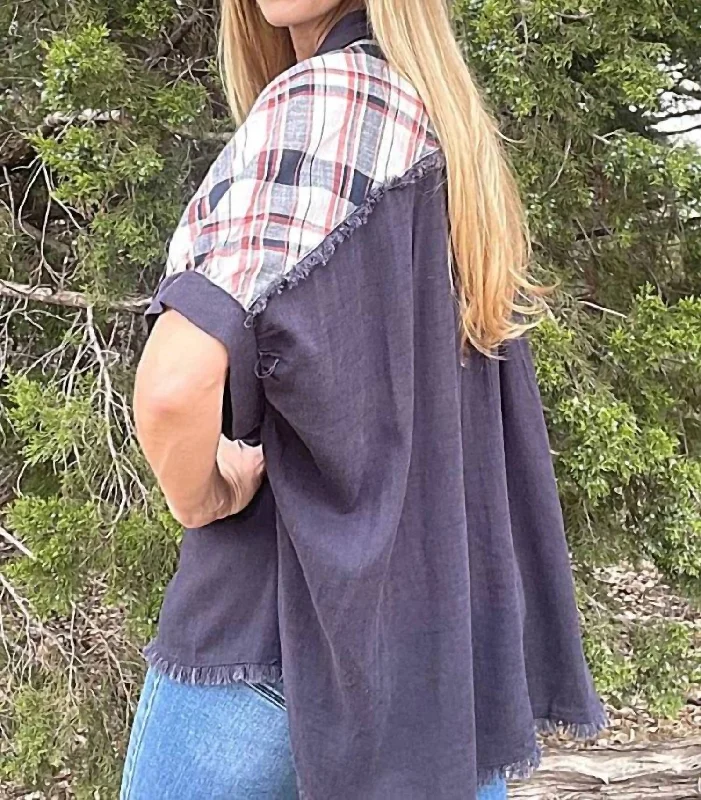 Plaid Button Down Shirt With Unfinished Frayed Hem In Navy