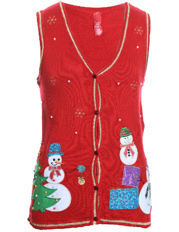 Red Embroidered Snowman Design Knit Vest - S