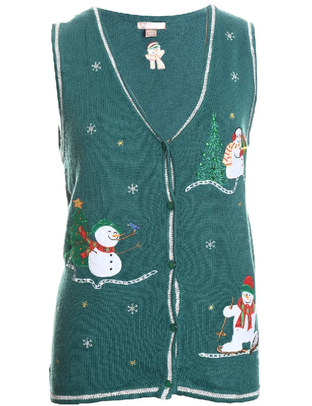 Snowman Design Applique Knit Christmas Vest - M