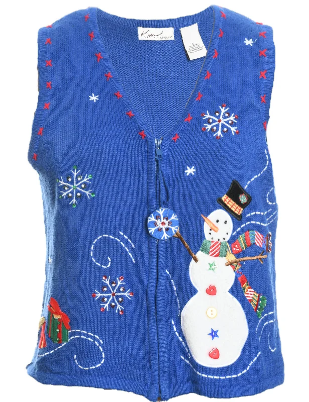 Snowman Design Blue Appliqued Knit Christmas Vest - L