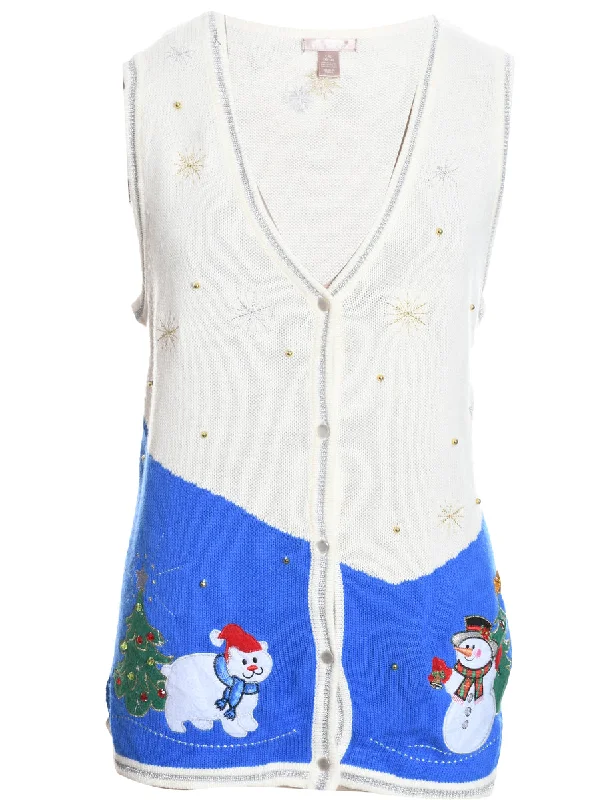 Snowman Design Blue & White Knit Christmas Vest - L