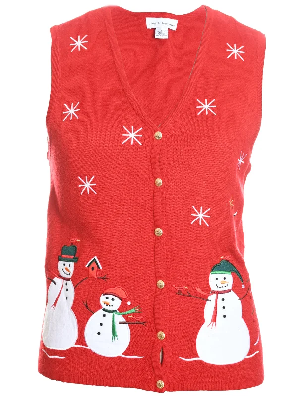 Snowman Design Red Knit Christmas Vest - M