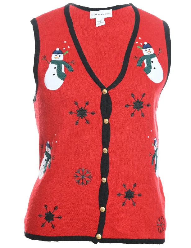 Snowman Design Red Knit Christmas Vest - M