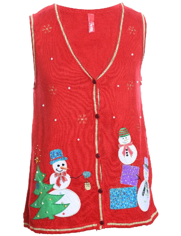 Snowman Design Red Knit Christmas Vest - M