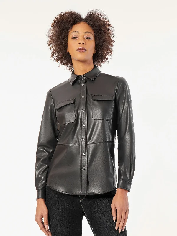 Vegan Leather Snap-Front Utility Shirt