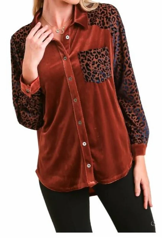 Velvet Collar Button Down Shirt In Copper