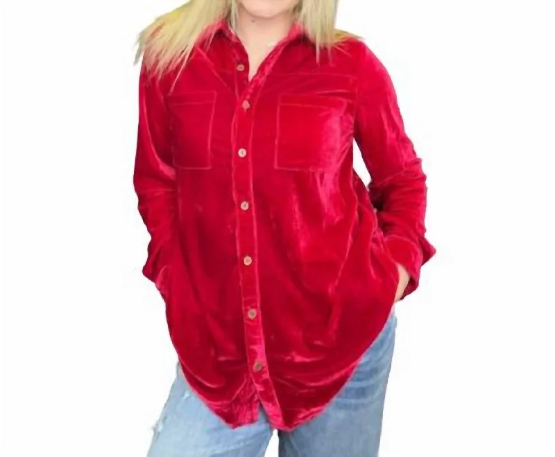 Velvet Long Sleeve Shirt In Deep Red