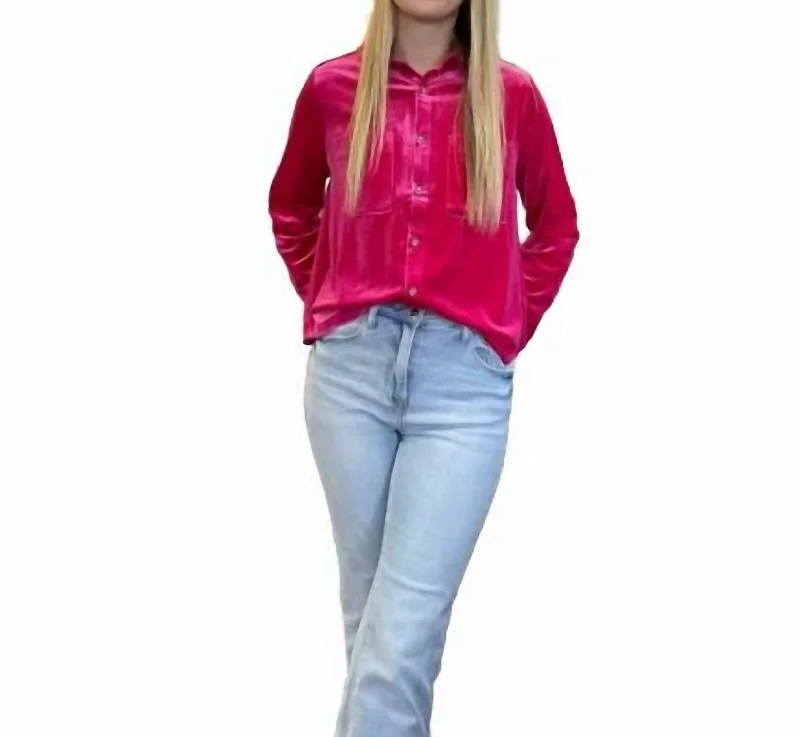 Velvet Long Sleeve Shirt In Hot Pink