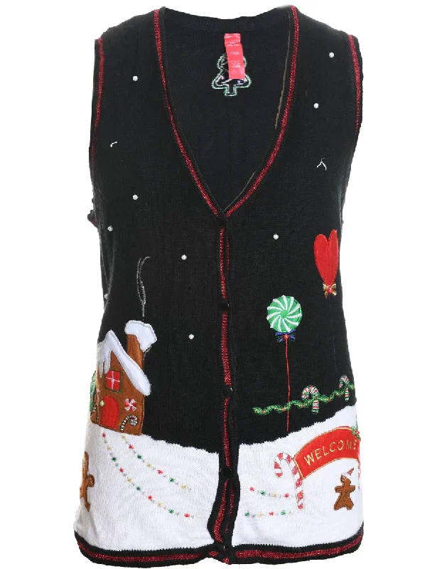 Winter Scene Black Embroidered Christmas Knit Vest - L