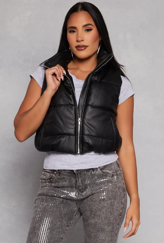 Faux Leather Cropped Puffer Vest