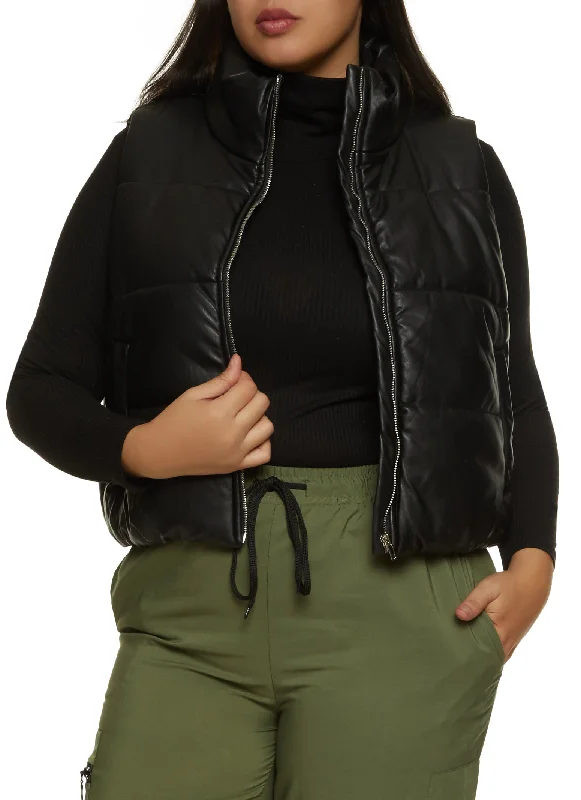 Plus Size Faux Leather Zip Front Puffer Vest