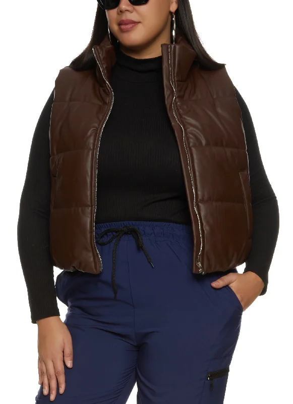 Plus Size Faux Leather Zip Front Puffer Vest