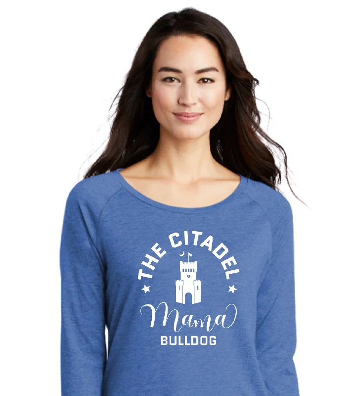 The Citadel, Mama Bulldog Barracks Ladies Long Sleeve Tri-Blend Wicking Scoop Neck Raglan Tee Shirt