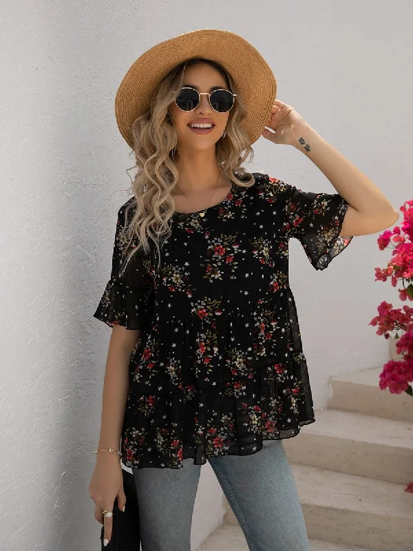 Plus Size Round Neck Floral Printed Pattern Chiffon Blouse