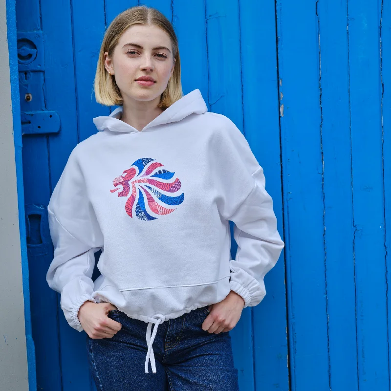 Team GB Abstract Lion White Oversized Cropped Hoodie