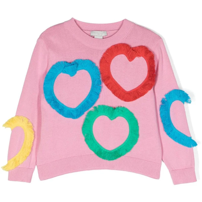 Pink Sweater With Fringy Multicolor Hearts