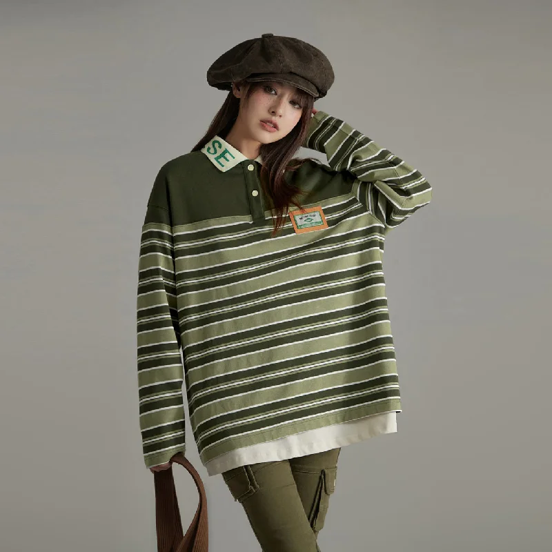 Polo Neck Loose Stripe T-Shirt